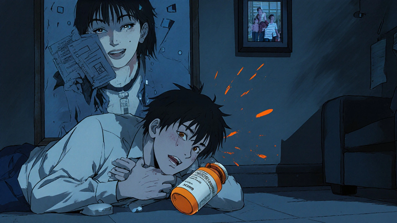 A person collapses on the floor as a ghostly figure reflects in the mirror, holding fake prescriptions.