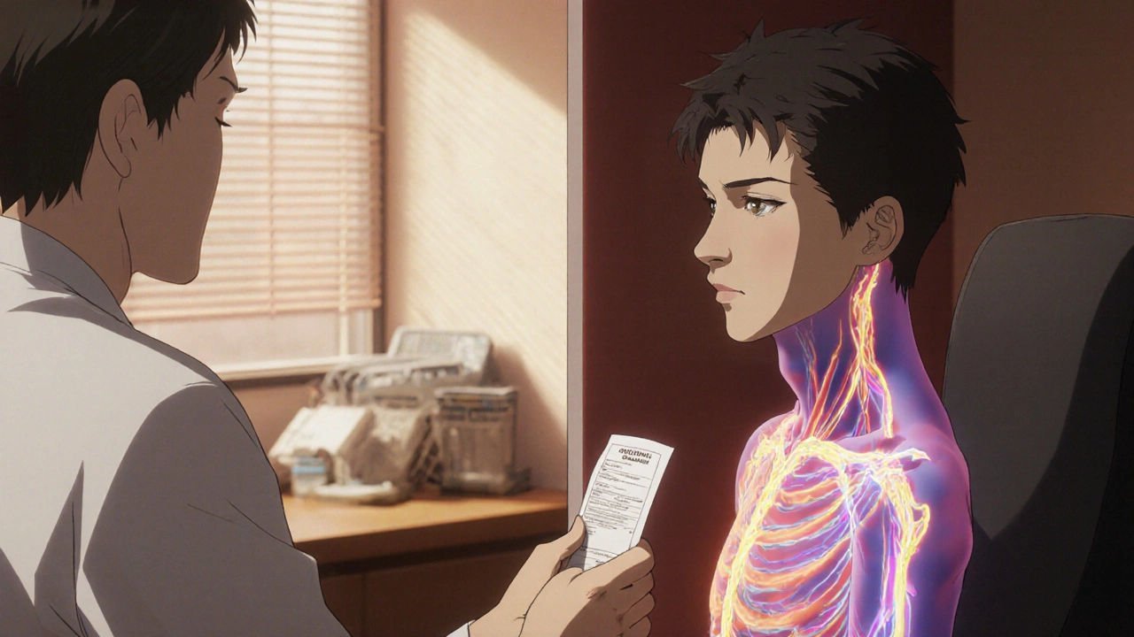 A man in a clinic with a split-screen visual showing his body's contrasting health states.
