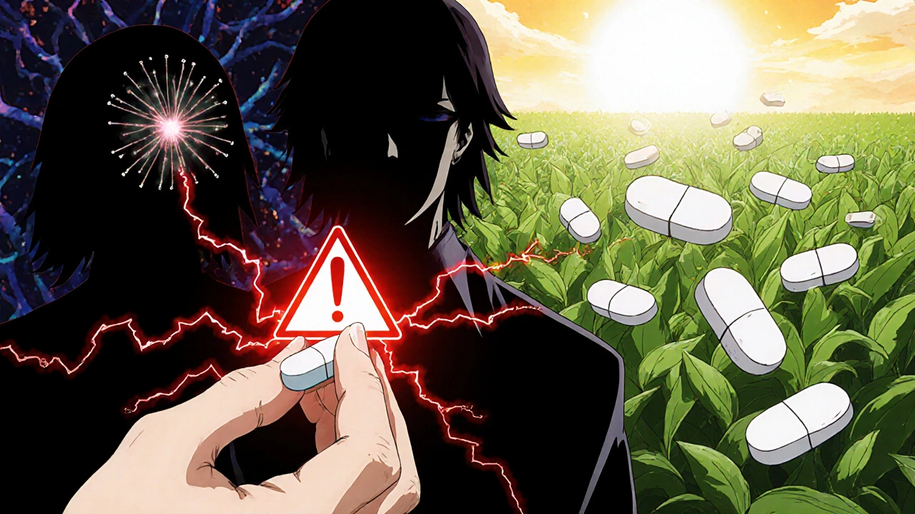 A Viramune pill surrounded by glowing warning symbols, contrasted with peaceful dolutegravir tablets in sunlight.