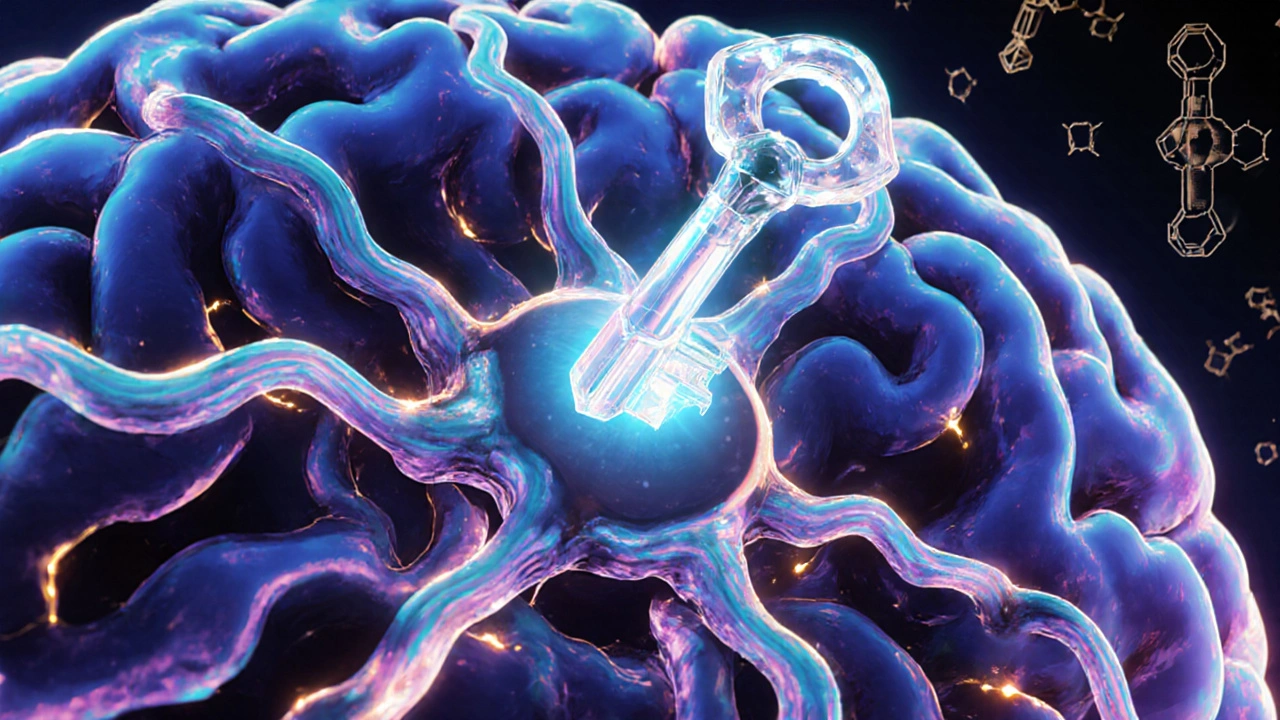 Anime brain scene showing serotonin, norepinephrine ribbons and a clomipramine molecule blocking reuptake.