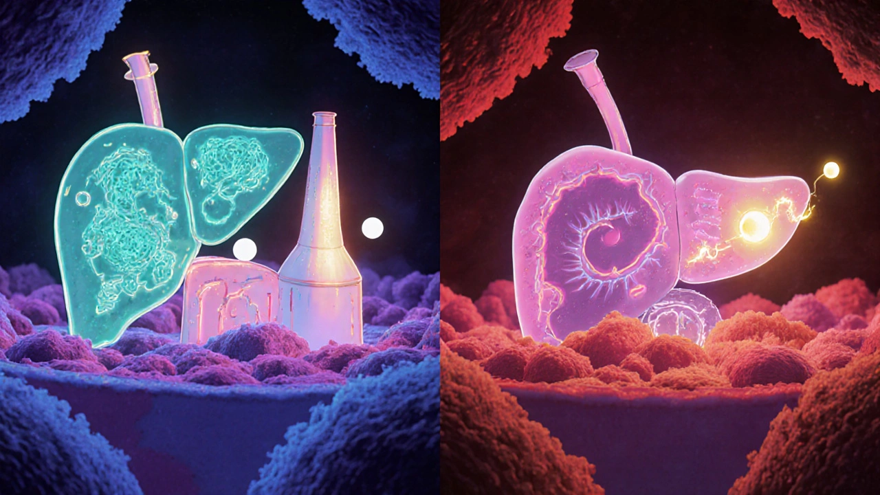 Anime-style liver cell showing slowed enzyme activity and accumulating morphine metabolites.