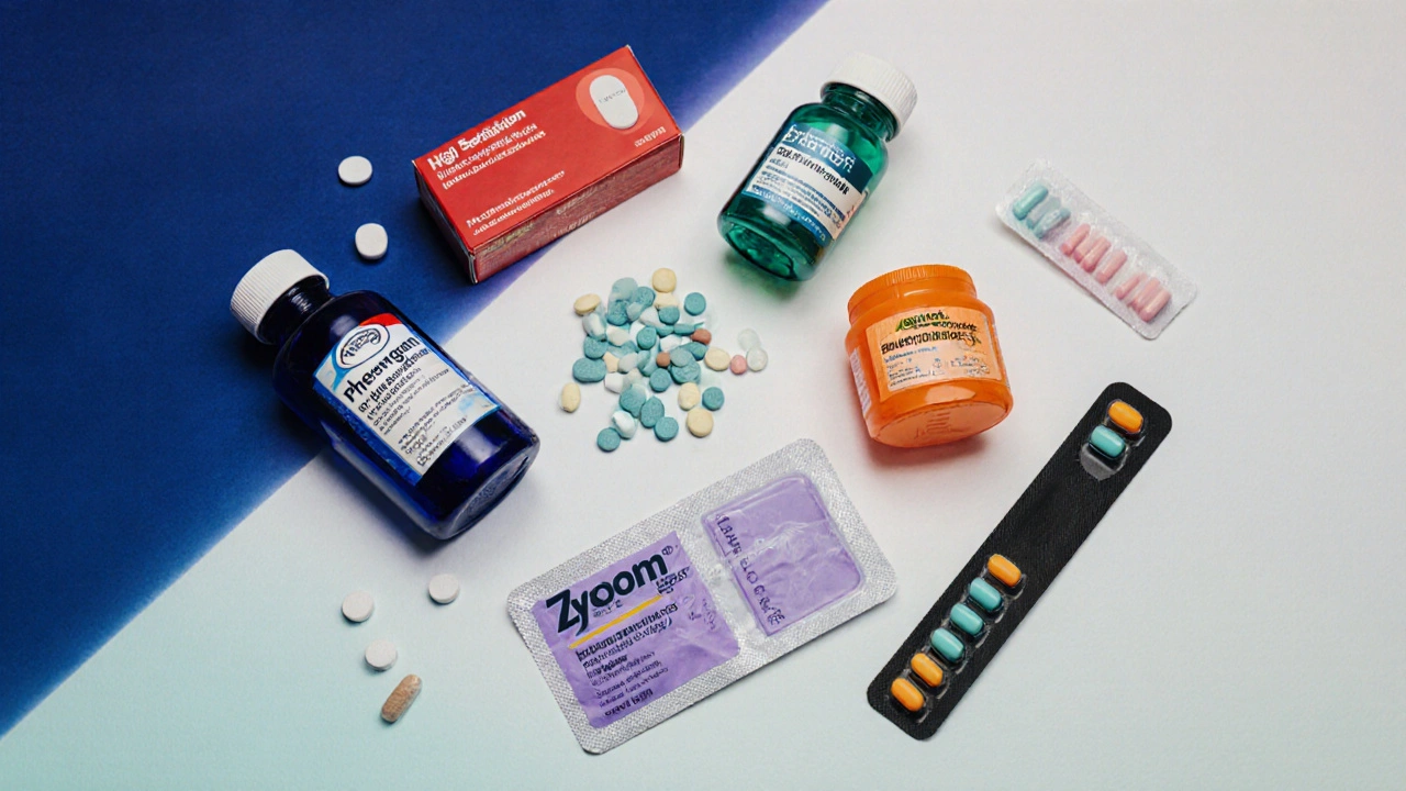 Close‑up of assorted pill bottles and loose tablets representing different antihistamines.