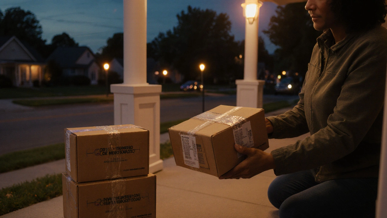 Delivery person handing a parcel of generic medication to a happy recipient on a porch.