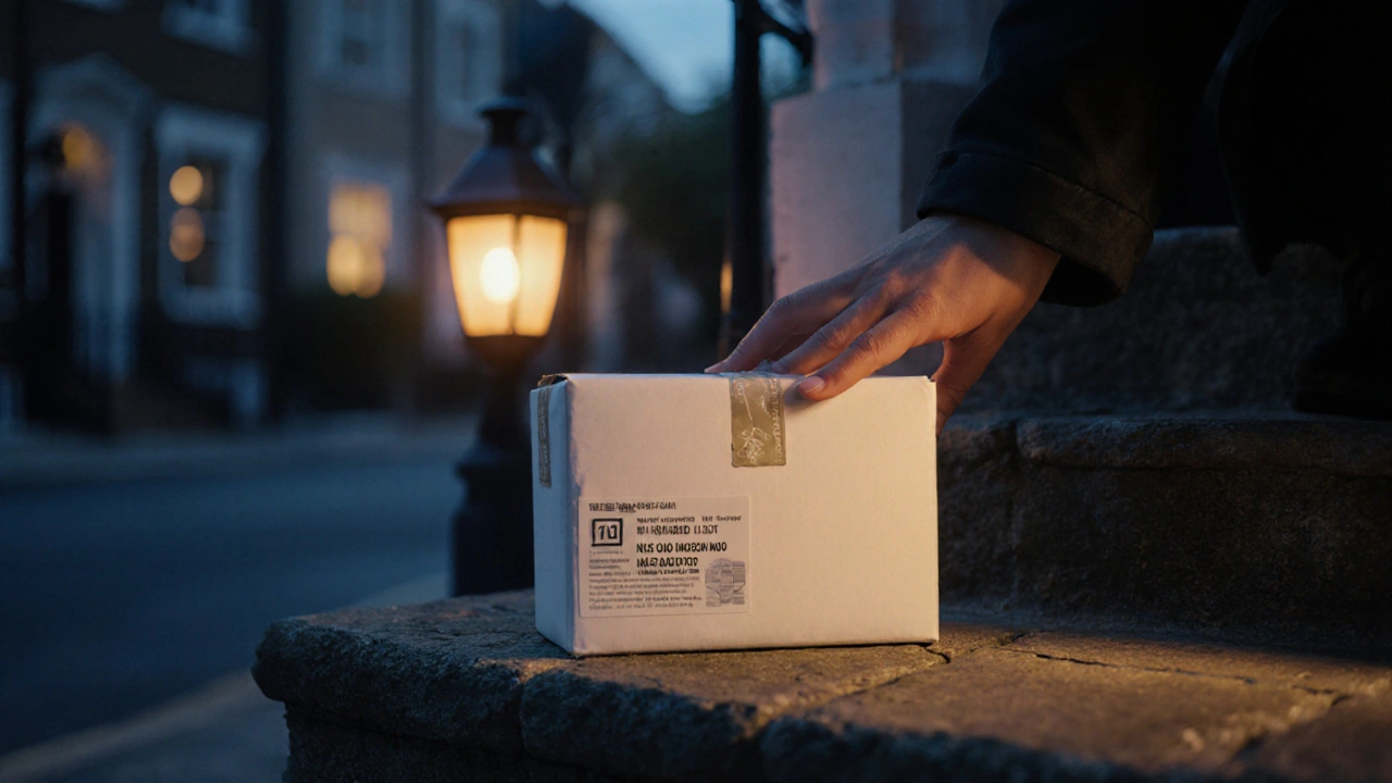 Discreet white parcel with seal being received at a doorstep at dusk.