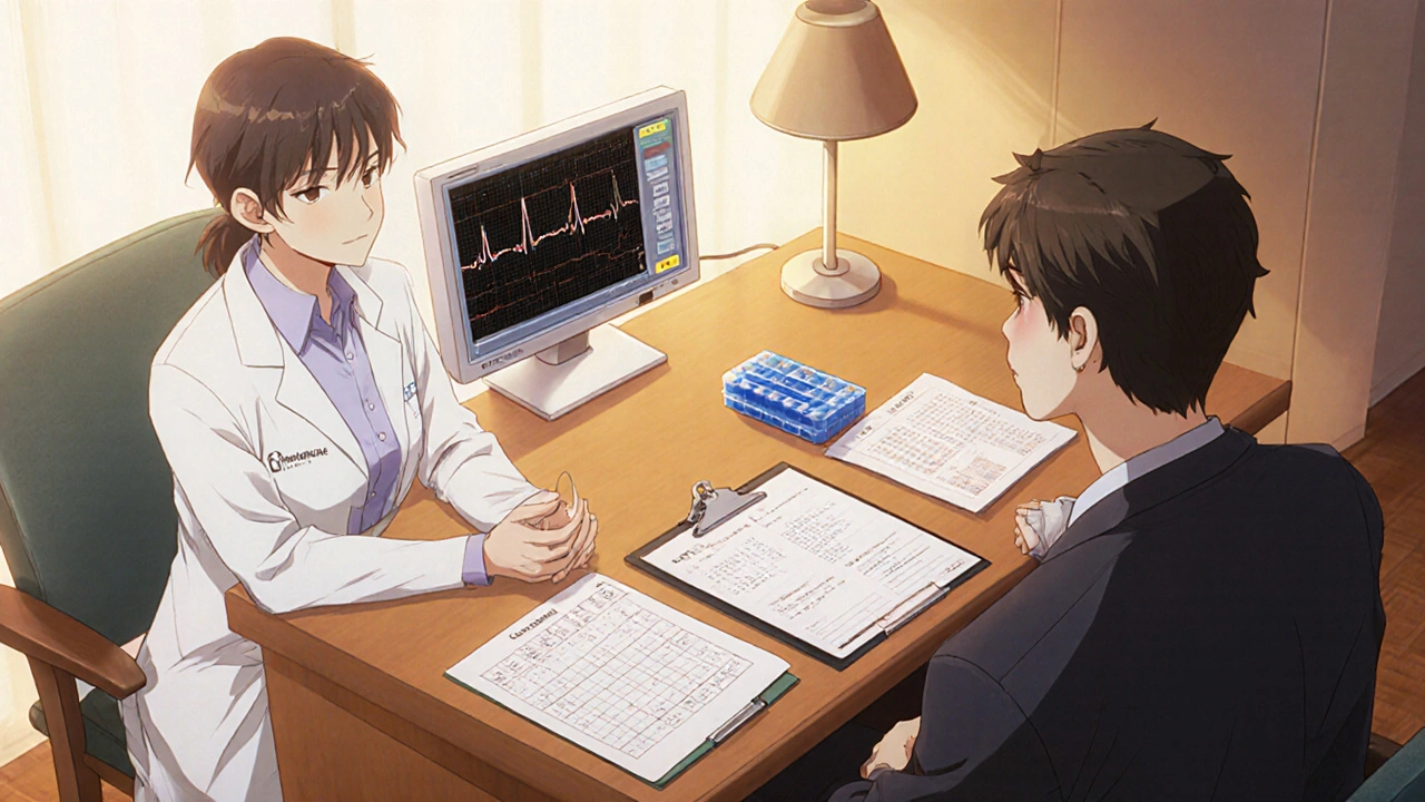 Doctor and patient reviewing ECG, pill organizer, and symptom charts during a treatment discussion.