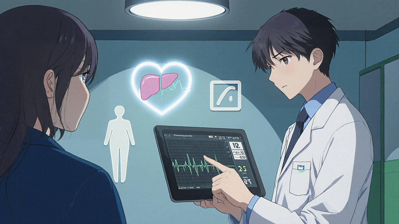 Doctor discussing citalopram safety with patient, showing an ECG monitor.