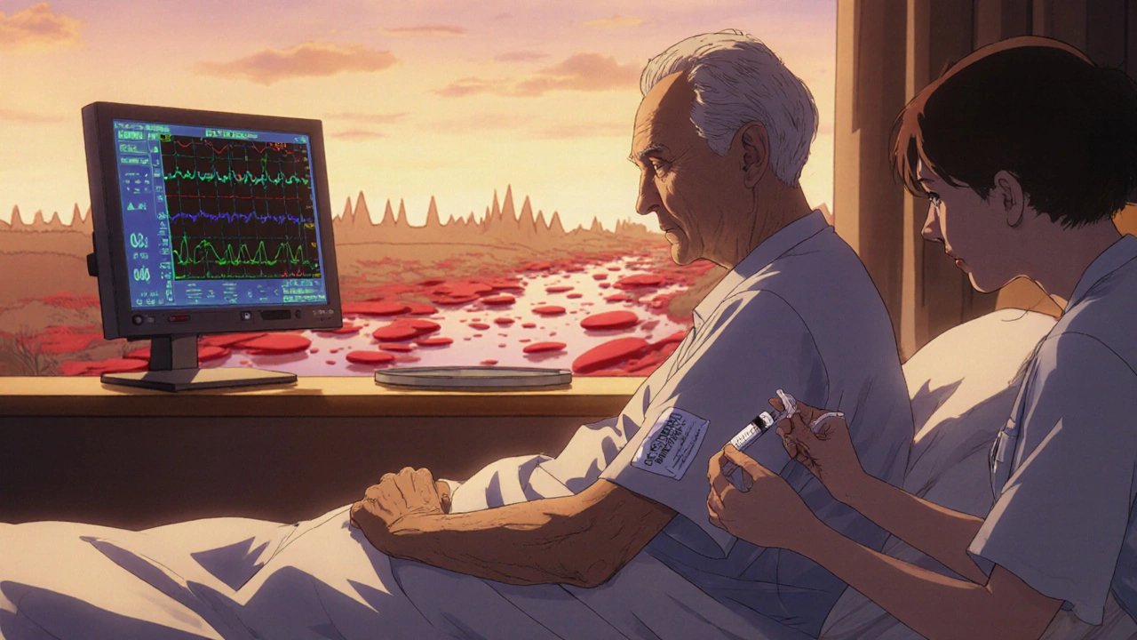 Elderly cirrhotic patient with fentanyl patch and nurse monitoring vitals.