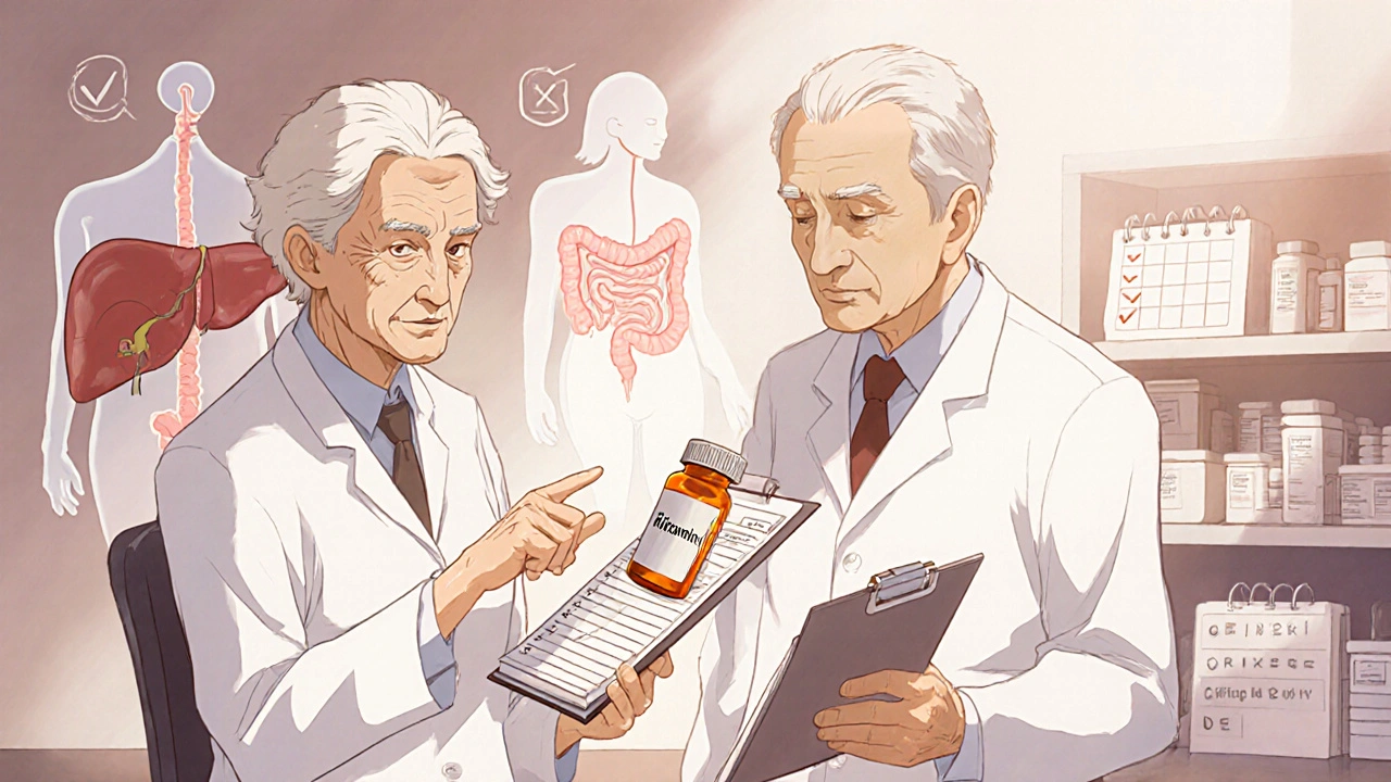Elderly patient and pharmacist reviewing medication list with liver and pregnancy symbols.