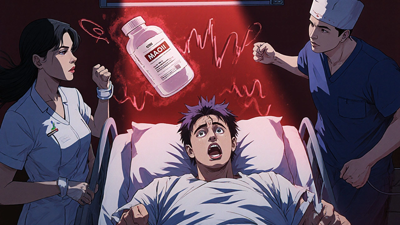 Emergency room scene of serotonin syndrome with frantic medical staff.
