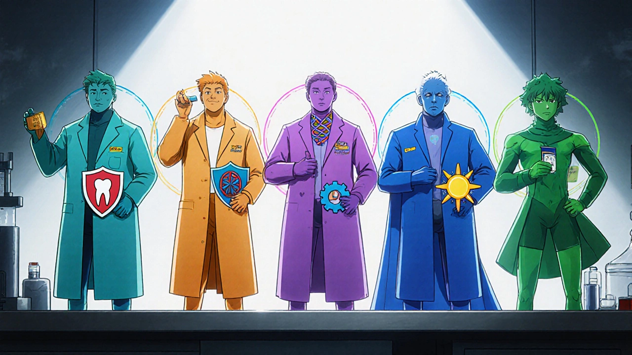 Five anime characters representing different antibiotics with related icons on a lab bench.
