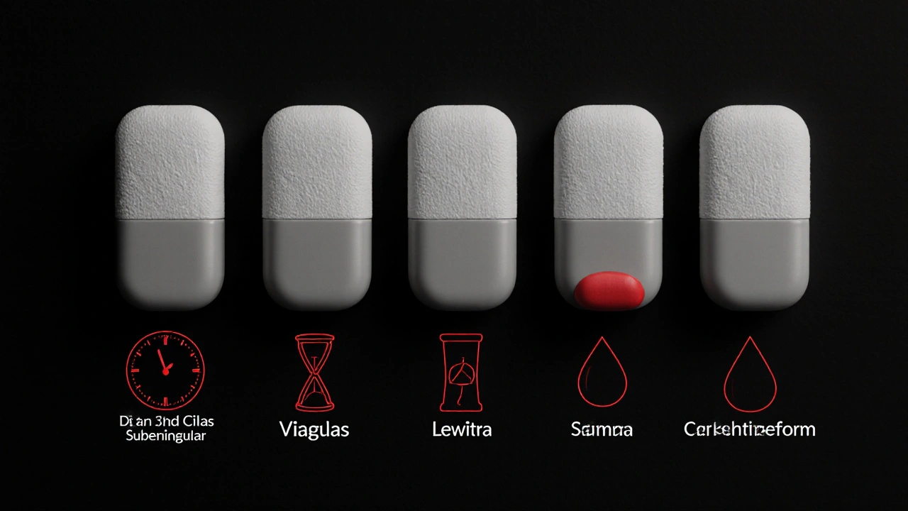 Five different erectile‑dysfunction pills displayed with simple icons for onset and duration.