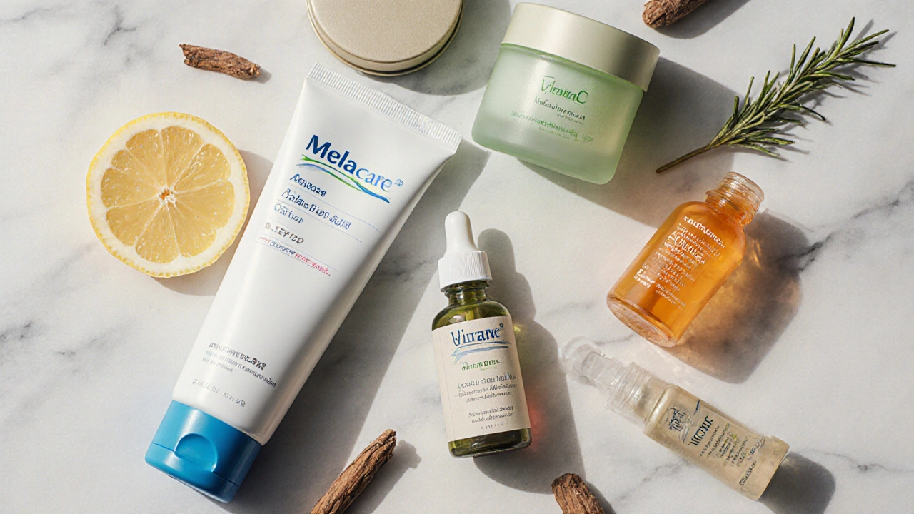 Flat‑lay of various hyperpigmentation skincare products with natural accents.