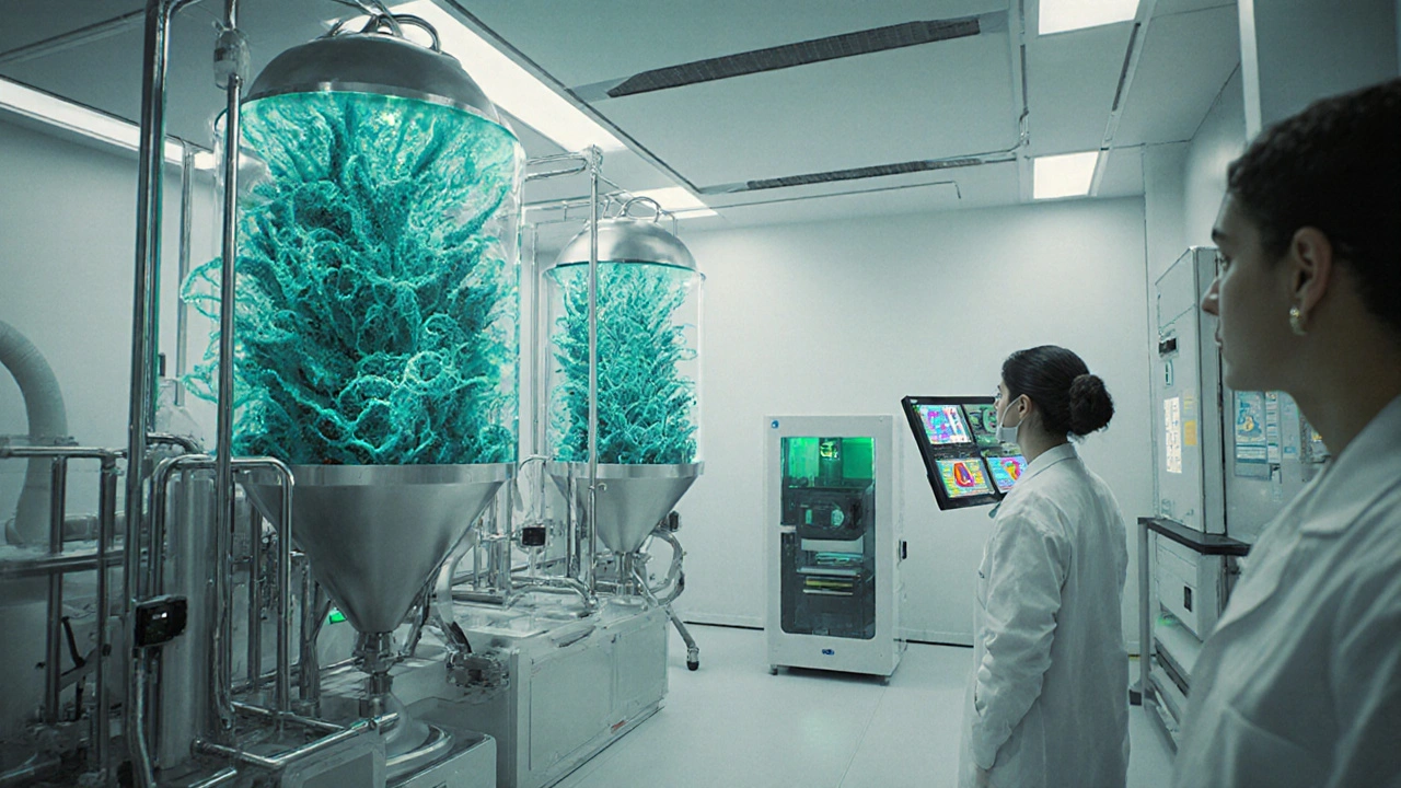 Futuristic lab showing mycelium protein, biodegradable packaging, and scientists working with engineered fungi.