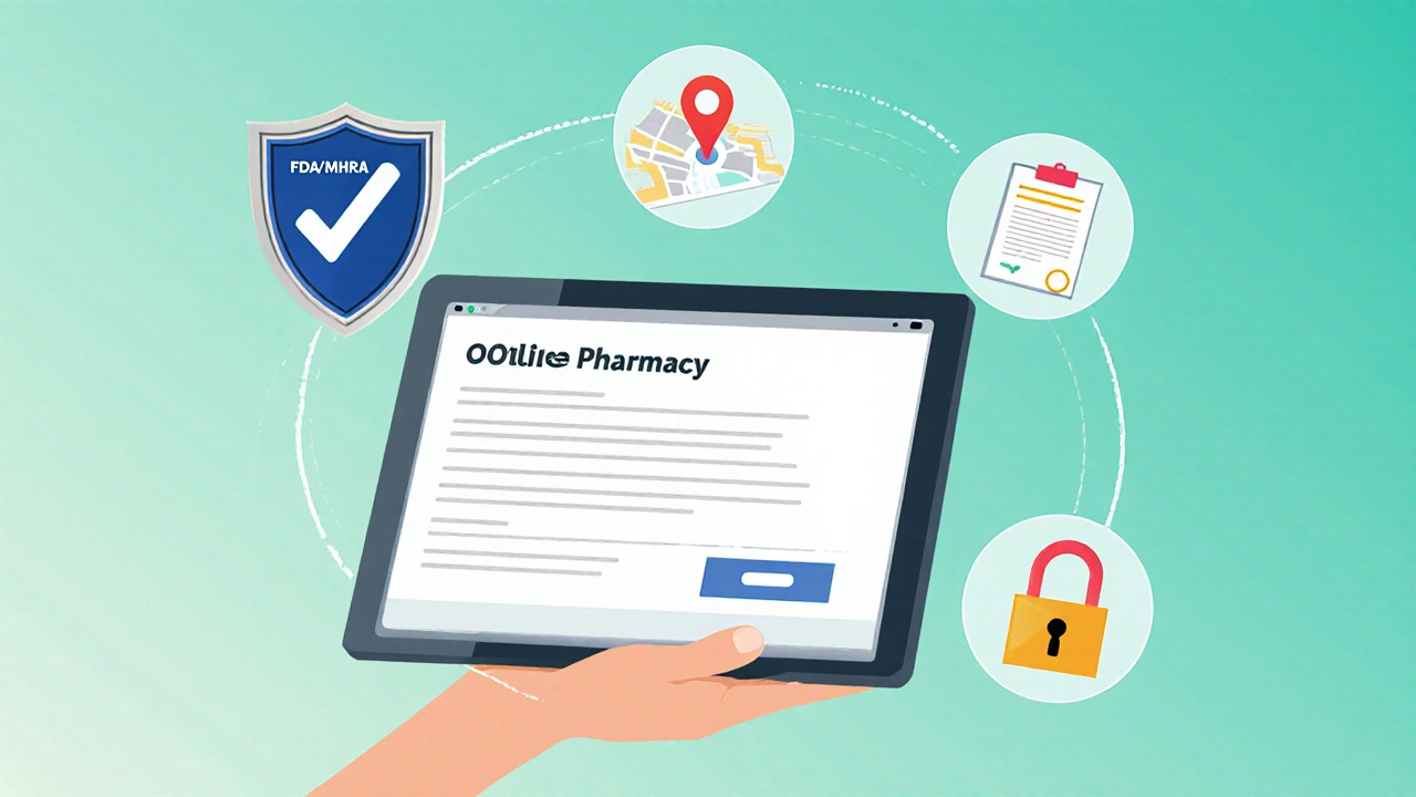 Hand holding tablet with icons for pharmacy verification and safety.