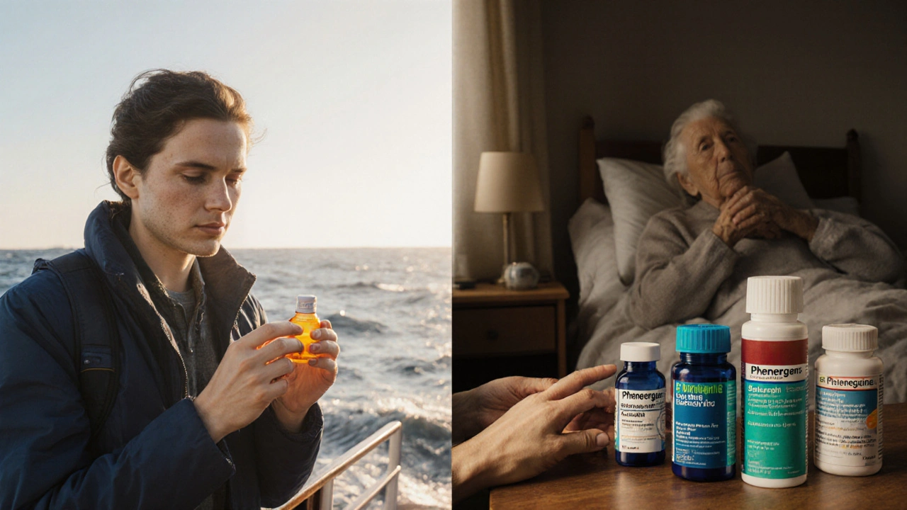 Hands selecting medication from a shelf, with split scene of traveler and elderly person.