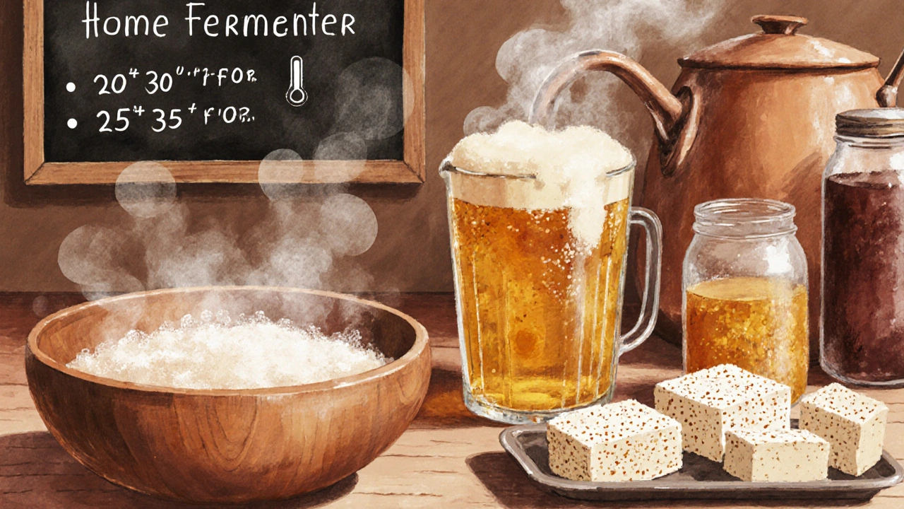 Home kitchen with bread dough, brewing kettle, and tempeh tray illustrating fungal fermentation.