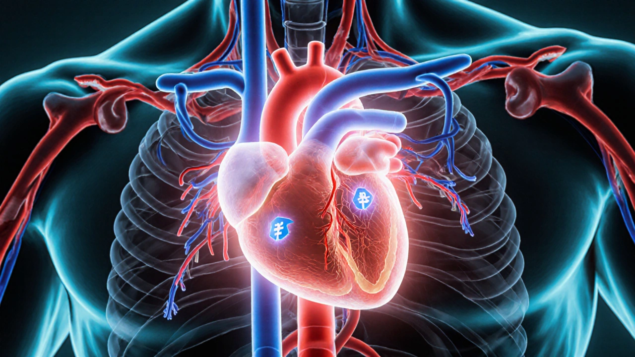 Illustrated heart showing carvedilol blocking beta and alpha receptors.