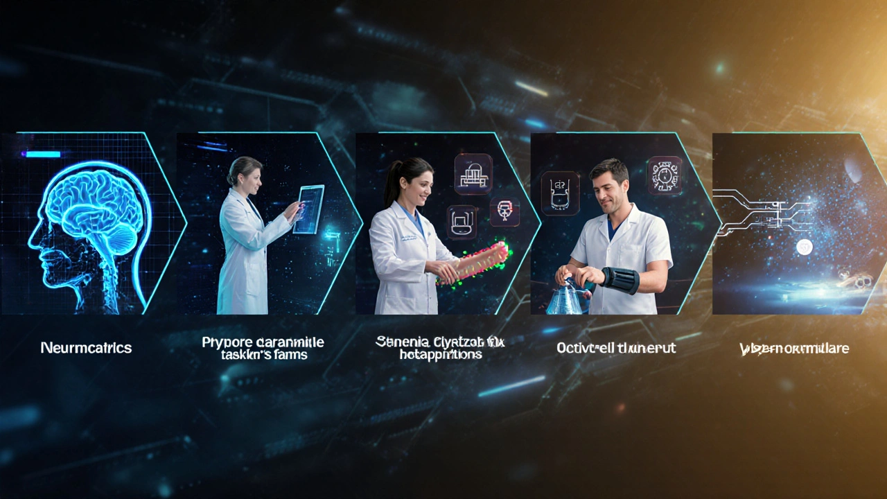 Illustrated treatment pipeline showing neurologist, biomechanist, therapists, and engineer with patient.