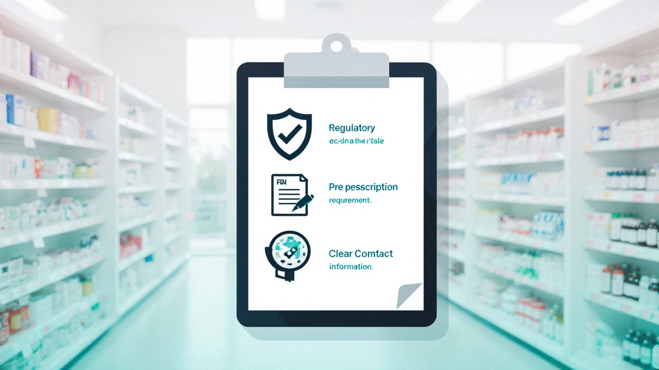 Illustration of three safety icons: regulatory shield, prescription document, and phone.