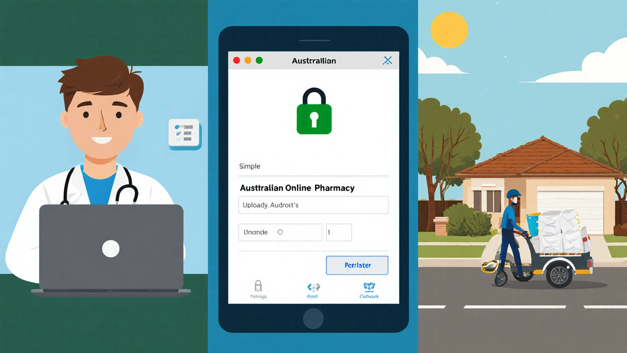 Illustration of video consult, online pharmacy upload, and courier delivering a box in Australia.