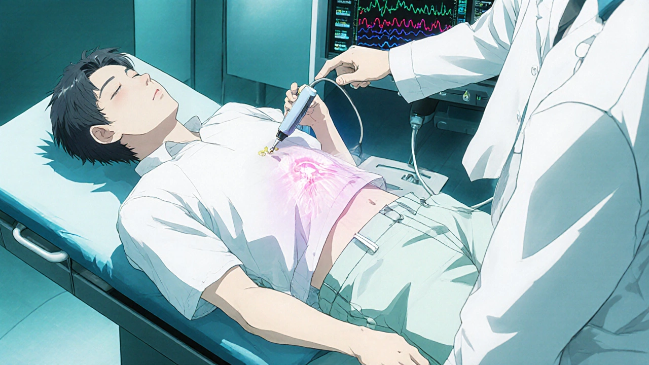Male patient undergoing ultrasound and urodynamic testing with doctor present.