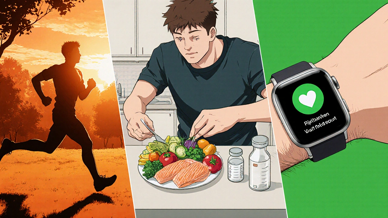 Man jogging, cooking healthy food, and checking lab vials in a proactive health montage.