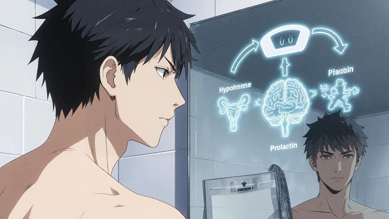 Man looking at mirror, overlay shows hormonal axis and weight‑gain symbols.
