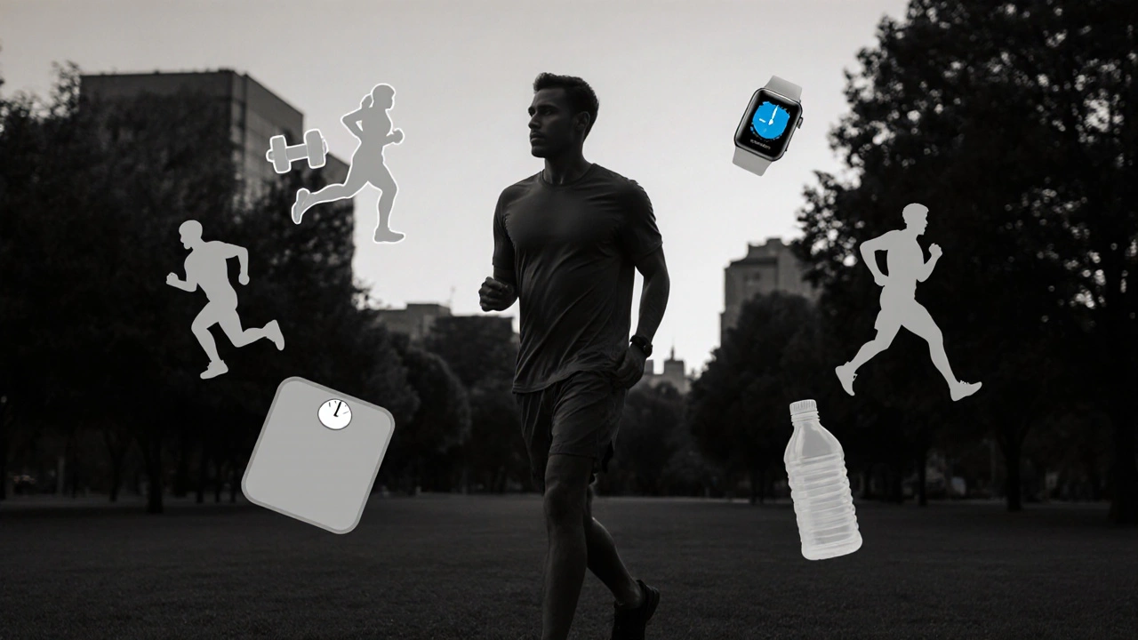 Man walking in a park with faint silhouettes of exercise and health symbols.