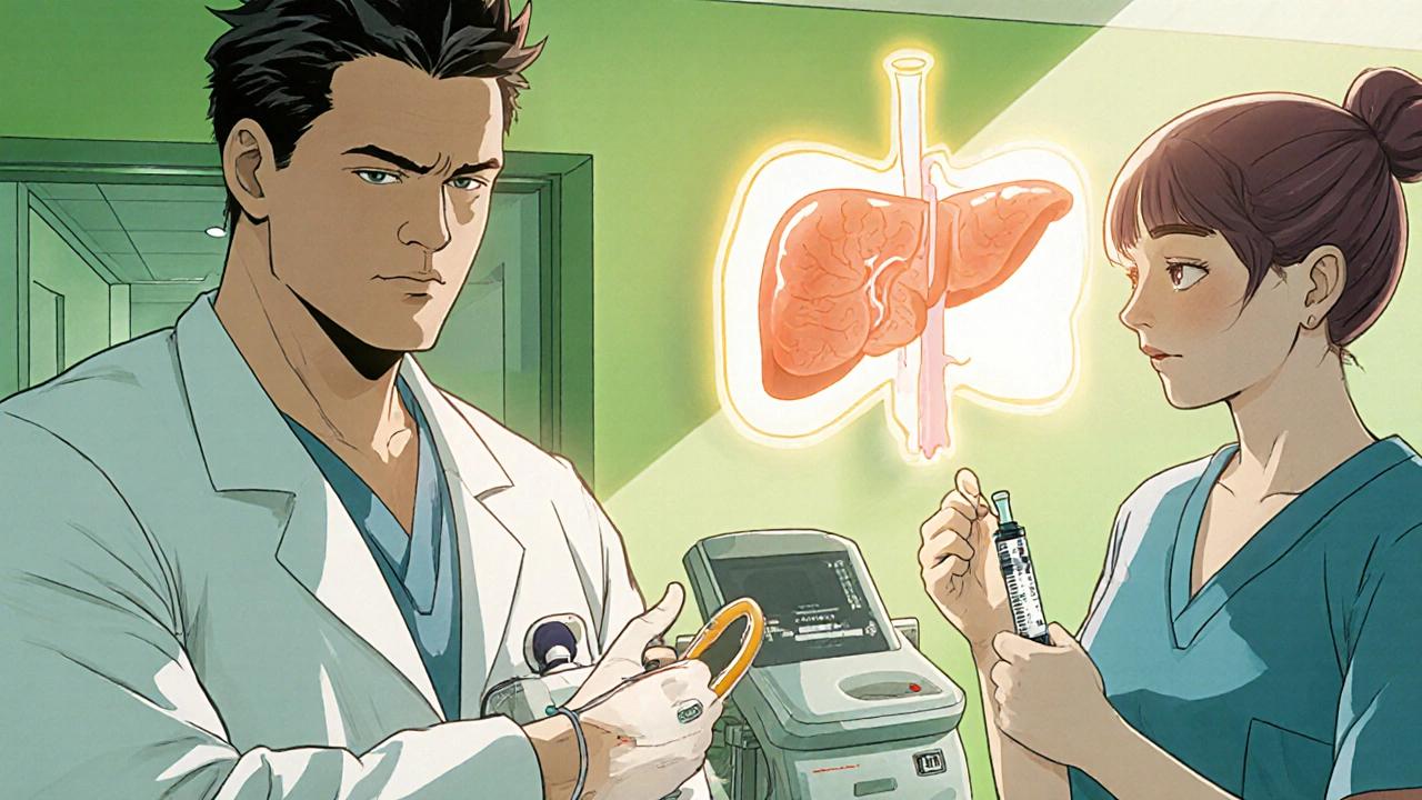 Manga scene of doctors treating liver failure complications with infusion and dialysis.