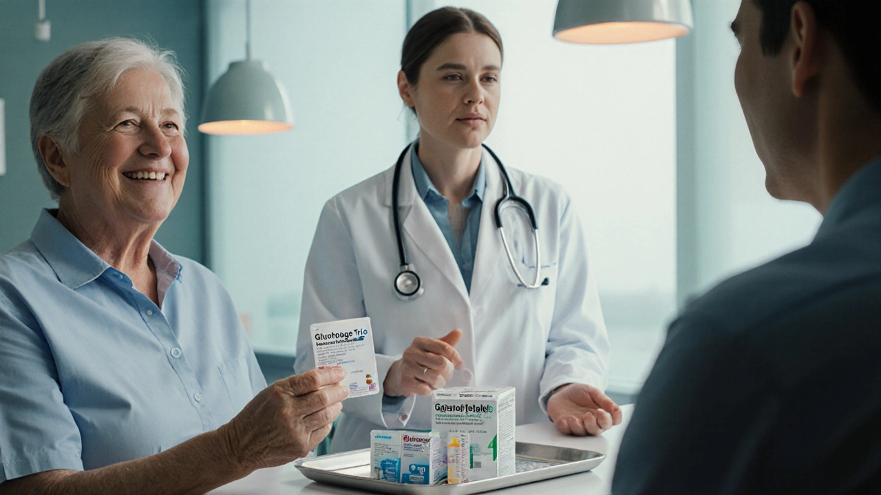 Patient holding one pill next to another with three separate pills, doctor mediating.