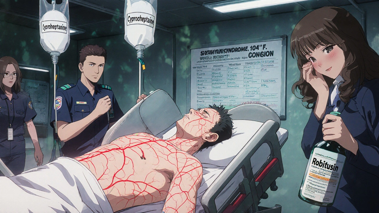 Patient in ER with glowing red veins, medical staff rushing as serotonin syndrome symptoms escalate.