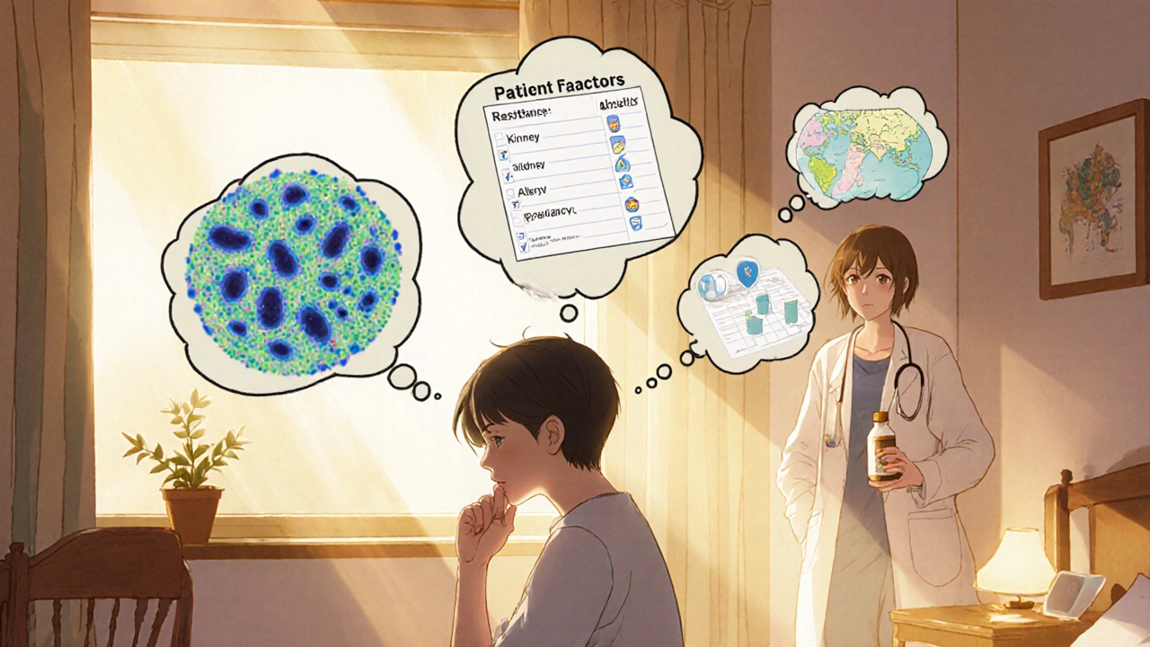 Patient pondering bacterial ID, health factors, and resistance patterns with a doctor nearby.