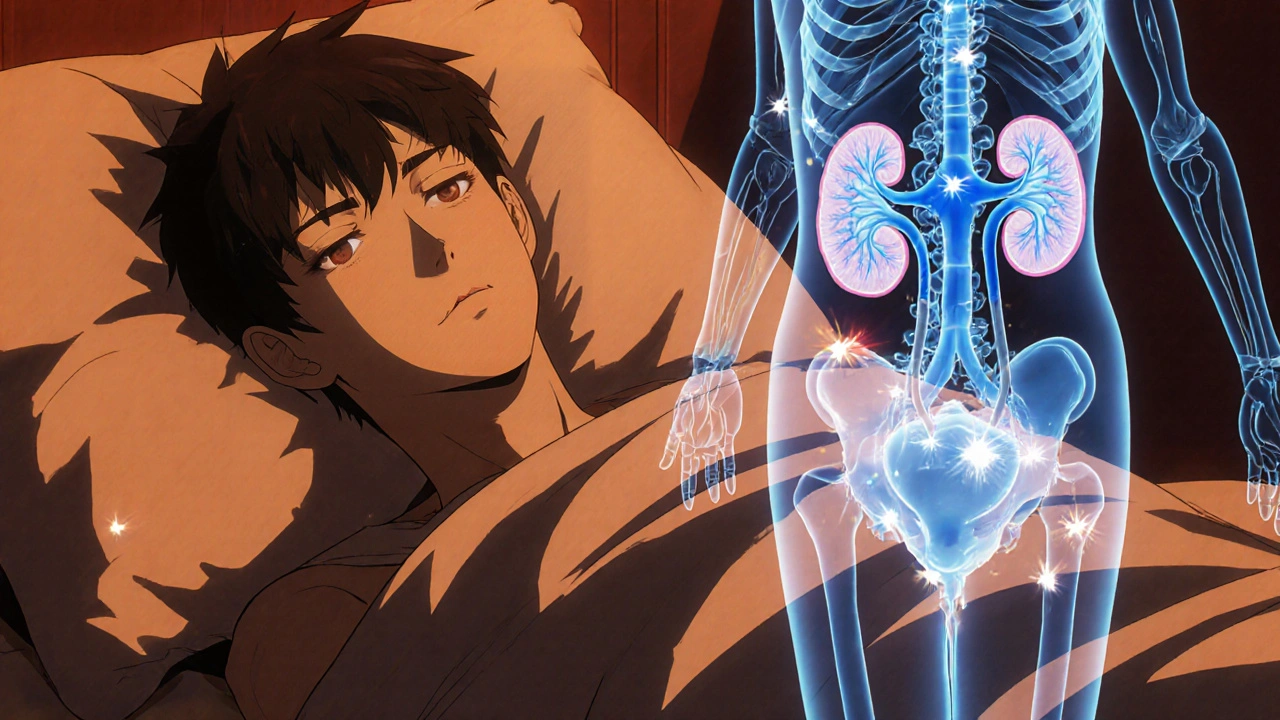 Patient with liver failure showing kidney strain and urinary symptoms in manga style.