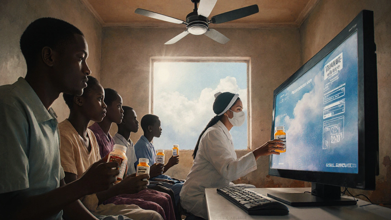 Patients in an African clinic holding different HIV medications, with a nurse monitoring digital health data.