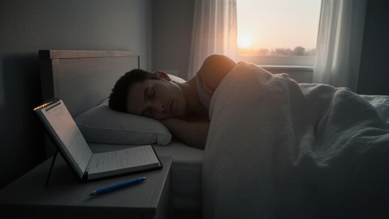 Peaceful sleeper in a sunrise-lit bedroom, with a nightstand diary nearby.