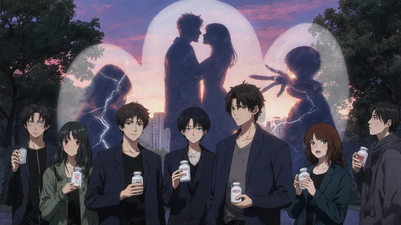 People in a park with shadows depicting lost intimacy, each holding a medication bottle.
