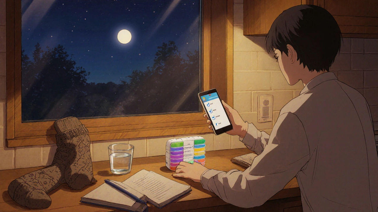 Person organizing pills at home with phone reminder and cozy setting.