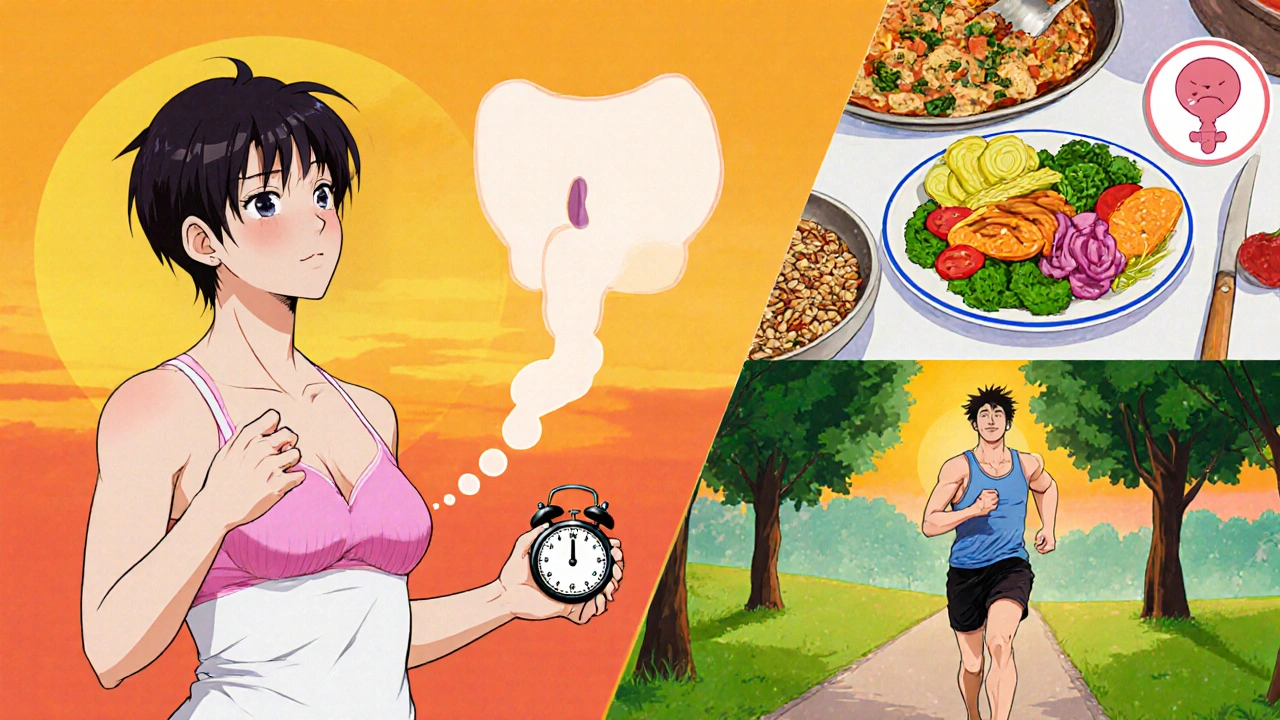 Person practicing Kegels, timed voiding, healthy cooking, and jogging.