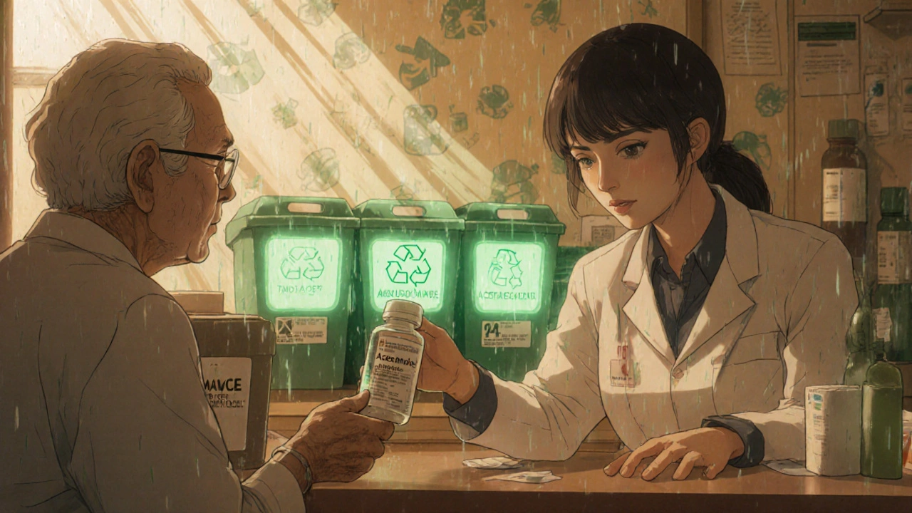 Pharmacist accepting expired medication at a take-back drop-off counter.