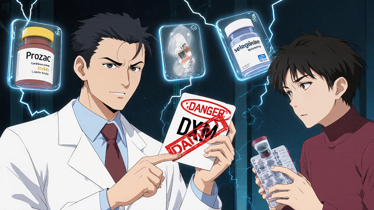 Pharmacist warns patient about dangerous drug interactions on a cold medicine label with glowing warning symbols.