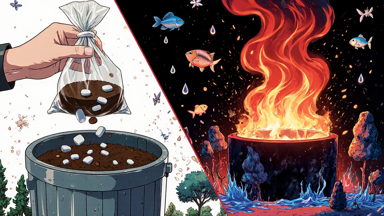 Pills being destroyed in incinerator while nature heals on the other side.