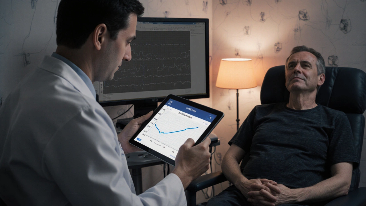 Sleep specialist consulting a patient with sleep study equipment in the background.