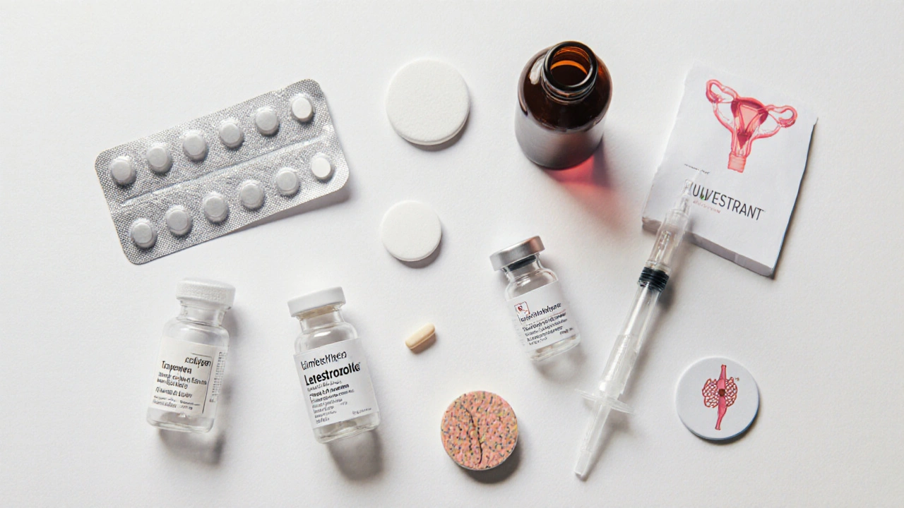 Top‑down view of various breast cancer drugs and related props on a white surface.