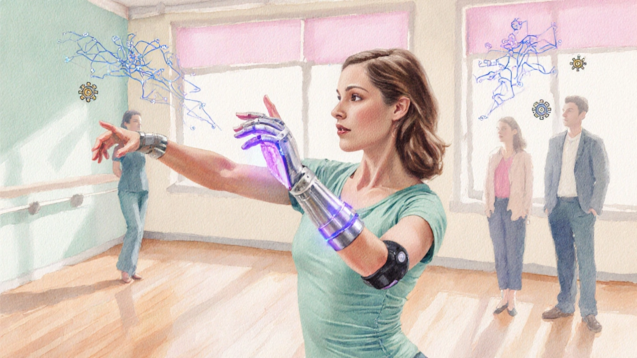 Watercolor of Laura tap‑dancing, wearing a glowing EMG glove, with supportive team silhouettes.