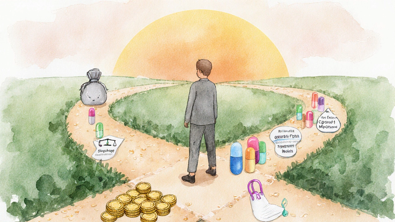 Watercolor scene of a person at a forked road choosing between single pill and multiple pills.