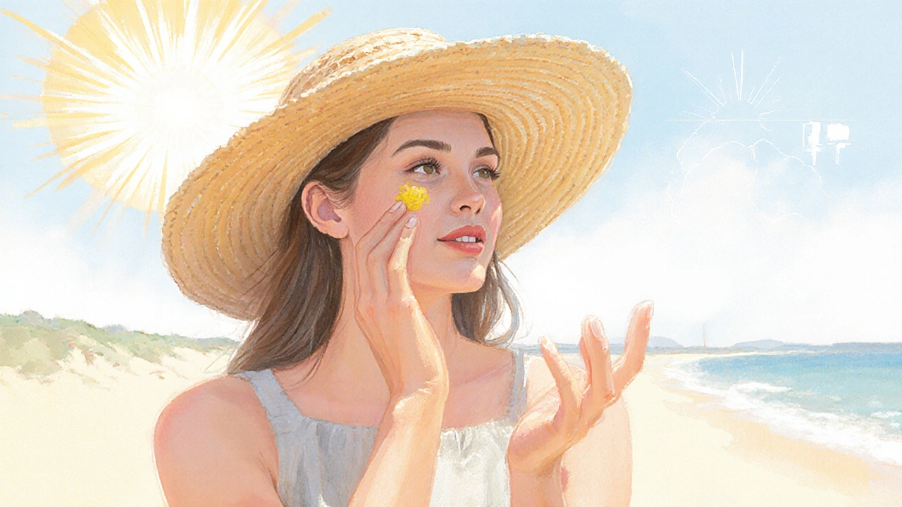 Woman applying sunscreen outdoors under a bright sun.