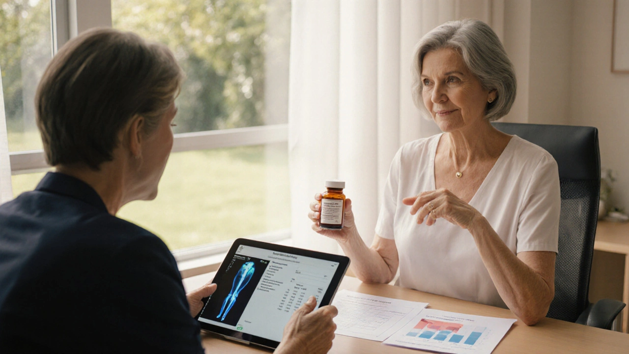 Woman discussing treatment options with oncologist in a bright clinic, holding a Tamoxifen bottle.