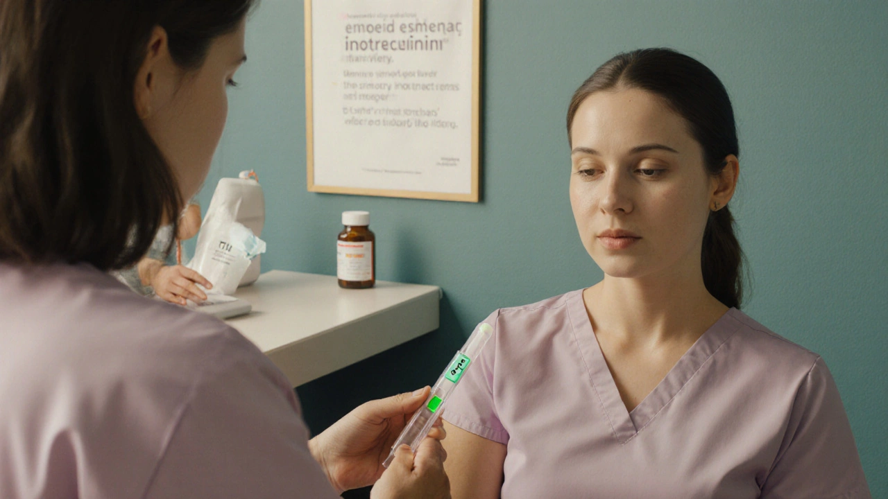 Woman getting blood test, holding pregnancy test, and receiving isotretinoin from pharmacist.