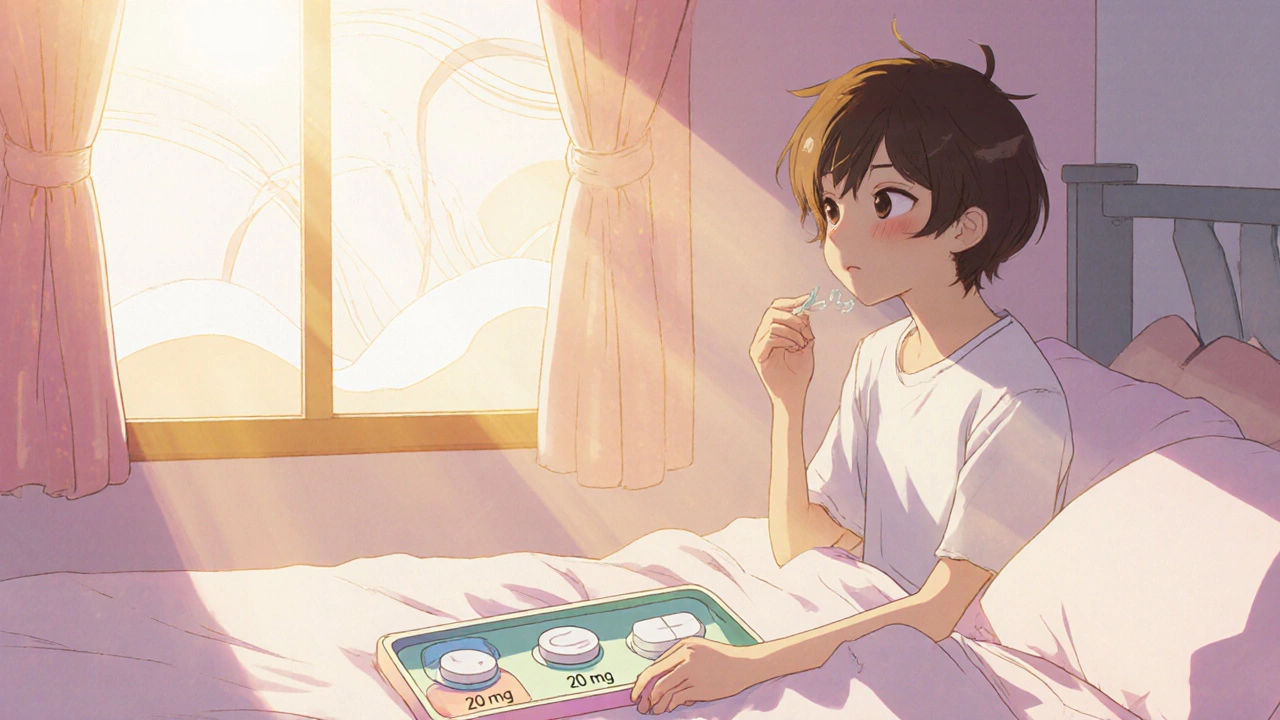 Young adult taking a citalopram tablet in the morning, surrounded by pastel pills.