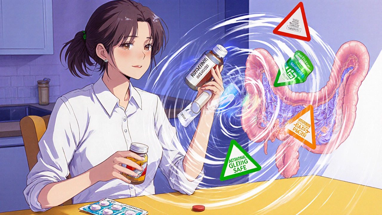 Young woman holding rifaximin and birth control pills, with icons showing drug interactions.